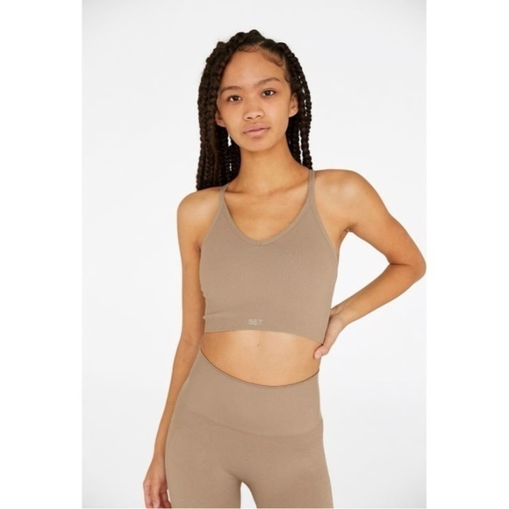 SET Active Sculptflex Ribbed V Neck Tank Bra Tan Size Large